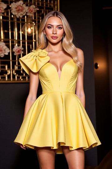Yellow Satin A Line Spaghetti Straps Short Prom Dress
